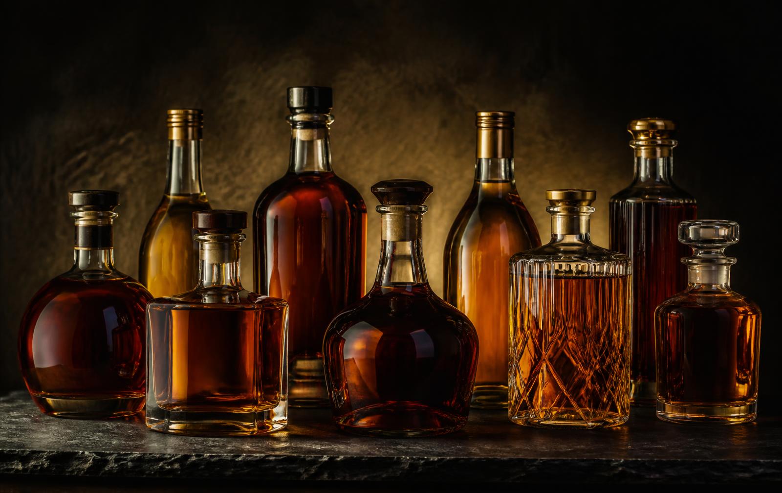 The BSOA family of spirits bottles arranged on dark slate