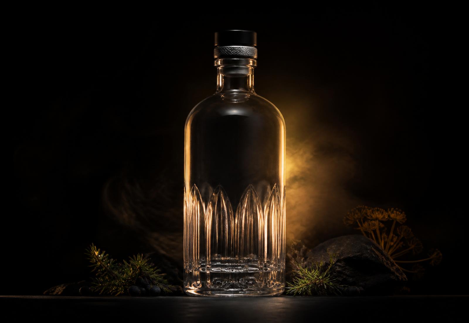 Premium unlabelled spirit bottle lit with warm amber light on a dark set